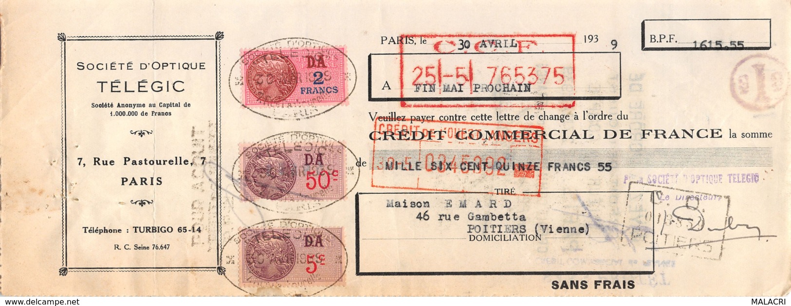 37-1383   1939 SOCIETE D OPTIQUE TELEGIC A PARIS - MAISON EMARD A POITIERS - Lettres De Change