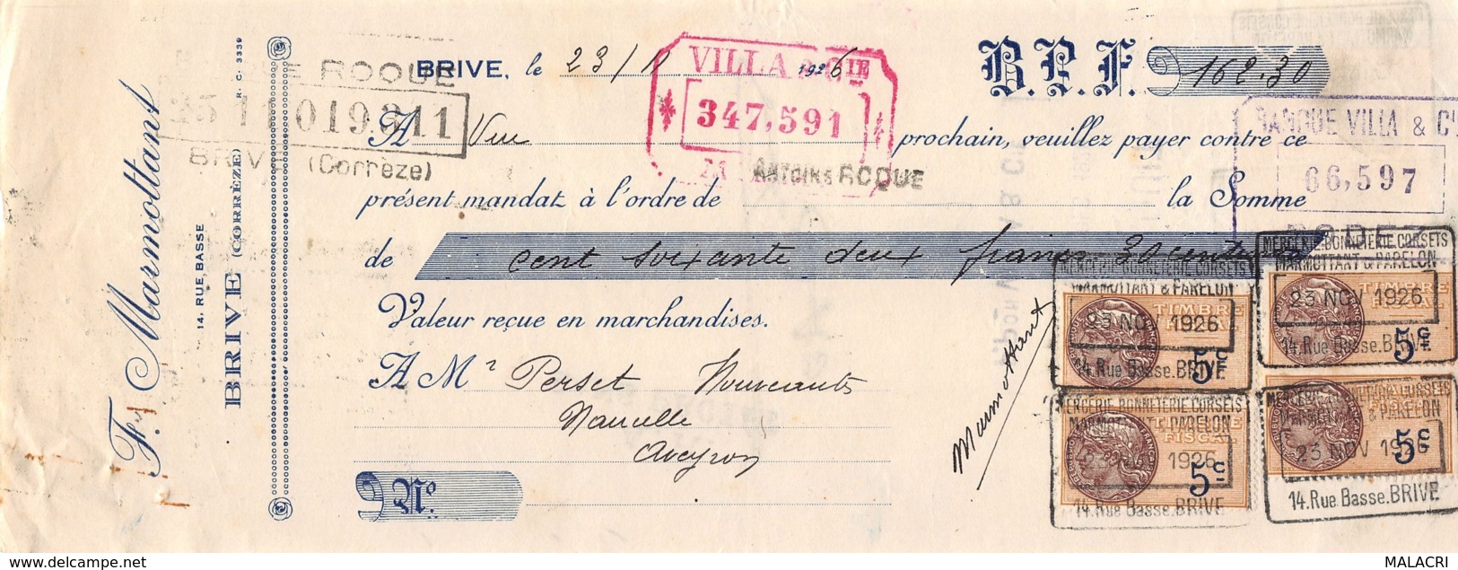 37-1389   1926 F MARMOTTANT A BRIVE - M. PERSET A NAUCELLE - Lettres De Change