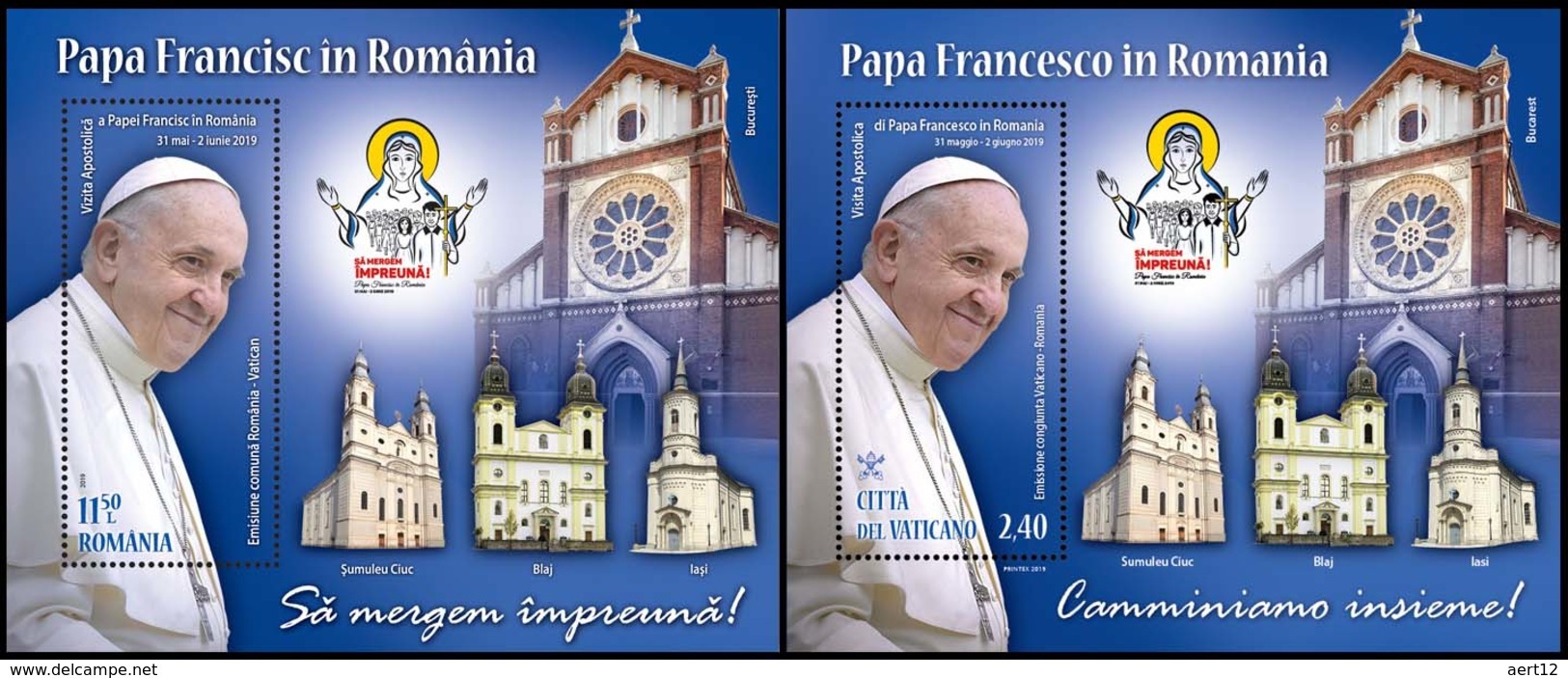 ROMANIA, VATICAN, 2019, Visit Of Pope Francis To Romania, Joint Issues, Popes, Souvenir Sheet, MNH (**) LPMP 2241, 2241a - Nuovi