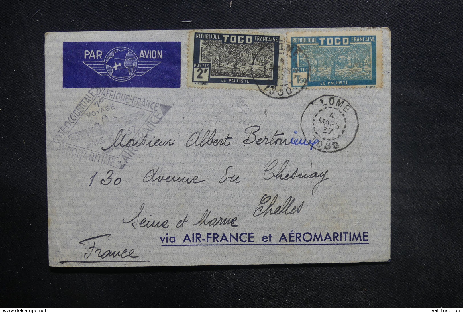 TOGO - Enveloppe Du 1 Er Voyage Aéromaritime De Lome Pour La France En 1937, Affranchissement Plaisant - L 36407 - Covers & Documents