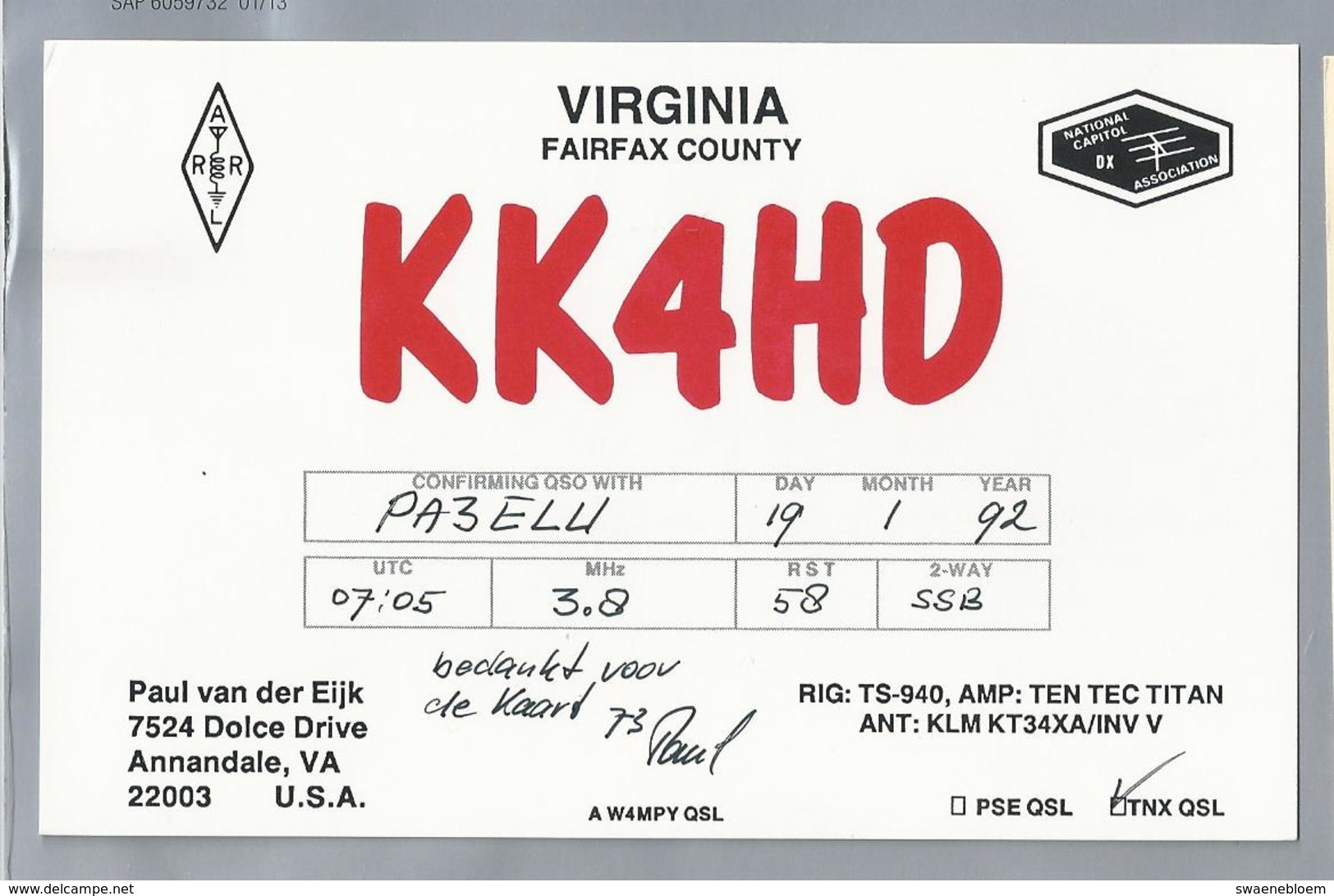 US.- QSL KAART. CARD. KK4HD. PAUL VAN DER EIJK, ANNANDALE, VIRGINIA, FAIRFAX COUNTY. U.S.A.. ARRL. - Radio-amateur