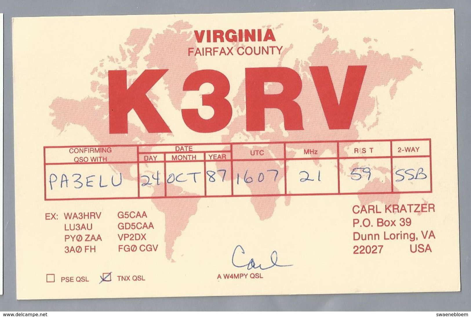 US.- QSL KAART. CARD. K3RV. CARL KRATZER, DUNN LORING, VIRGINIA, FAIRFAX COUNTY. U.S.A.. - Radio-amateur