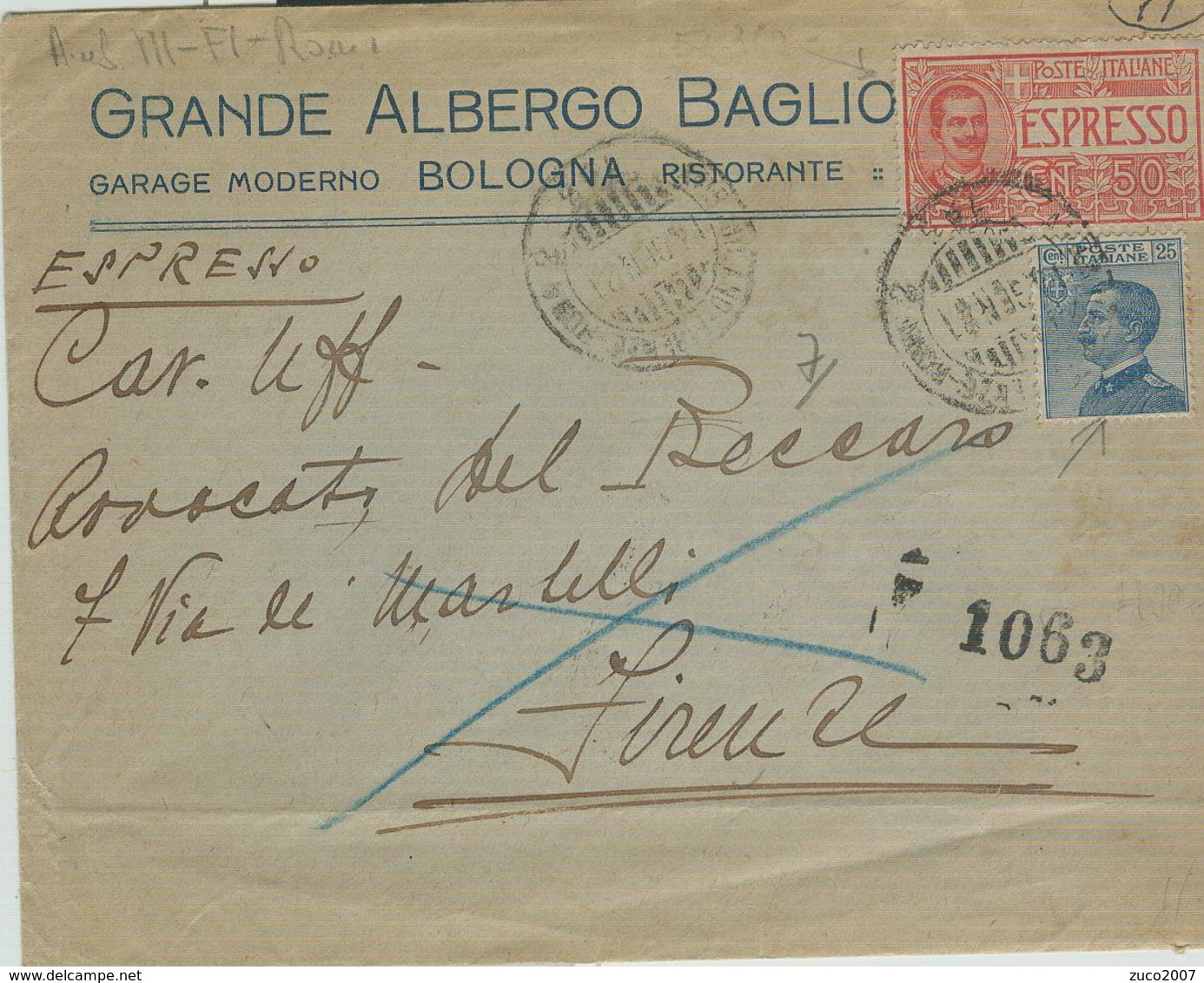 "GRANDE ALBERGO BAGLIONI - BOLOGNA",BUSTA ESPRESSO 1921- TELEGRAFO FIRENZE ESPRESSI - Historical Documents