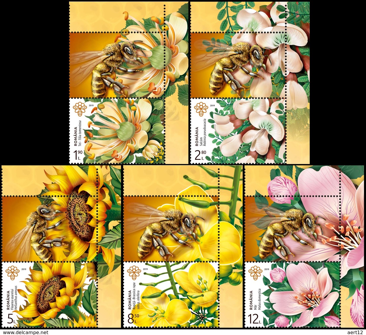 ROMANIA, 2019, Melliferous Flowers, Plants, Bees, Insects, Set Of 5 + Label, MNH (**); LPMP 2243 - Ungebraucht