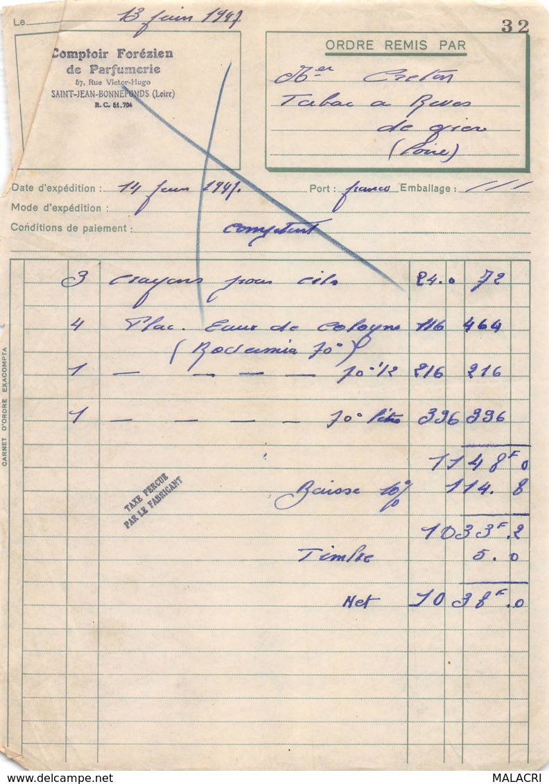 38-1652     1947 COMPTOIR FOREZIEN DE PARFUMERIE A SAINT JEAN DE BONNEFONDS - M. CRETON A RIVE DE GIER - 1900 – 1949