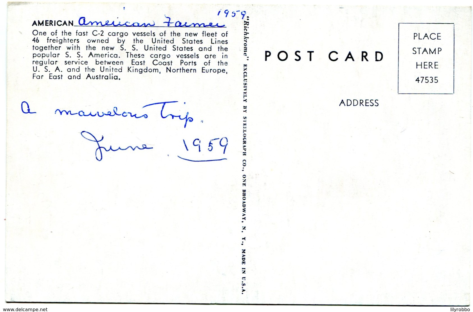 UNITED STATES - American Farmer 1959 Artcard - Message Written By Passenger - Paquebots