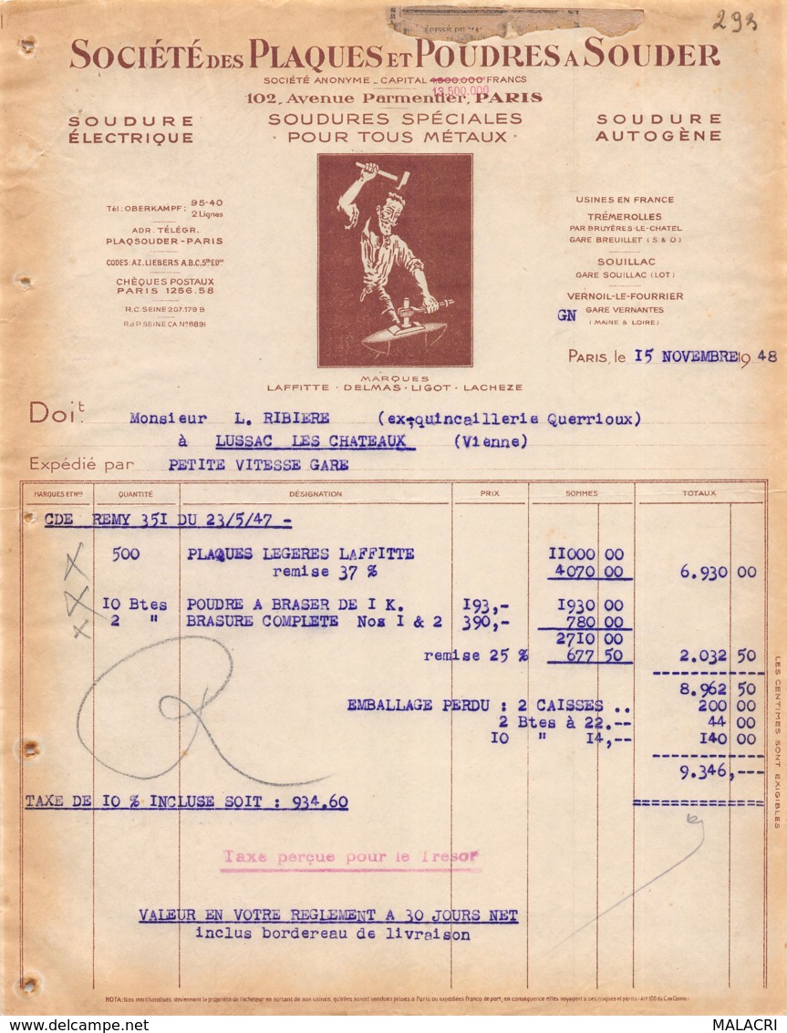 38-1896     1948 SOUDURE SPECIALES POUR TOUS METAUX SOCIETE DES PLAQUES ET POUDRES A SOUDER A PARIS - M. RIBIERE A LUSSA - 1900 – 1949