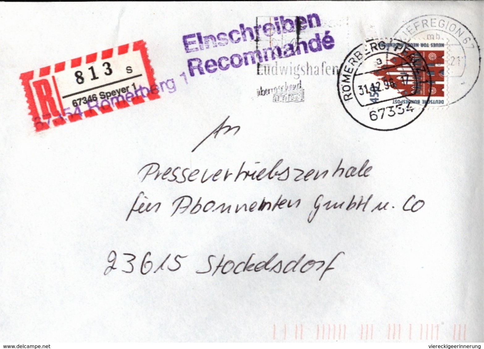 ! 2 Einschreiben 1996, Mit Alten R-Zetteln Aus Speyer, 67354 Römerberg, Pfalz, Alte Und Neue Postleitzahlen - Etiquettes 'Recommandé' & 'Valeur Déclarée'