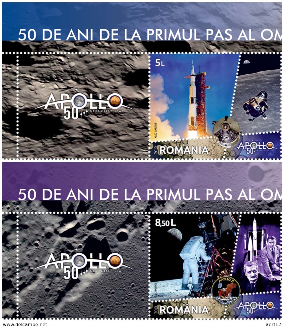 ROMANIA, 2019, First Step On The Moon, Anniversaries, Moon Landing, Space, Astronauts, Set Of 2+lab, MNH (**); LPMP 2247 - Neufs