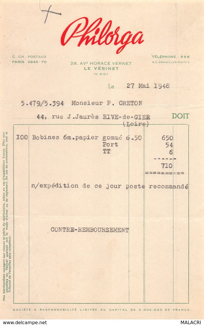 39-0235     1948 PHILORGA A LE VESINET - M. CRETON A RIVE DE GIER   FACTURETTE - 1900 – 1949