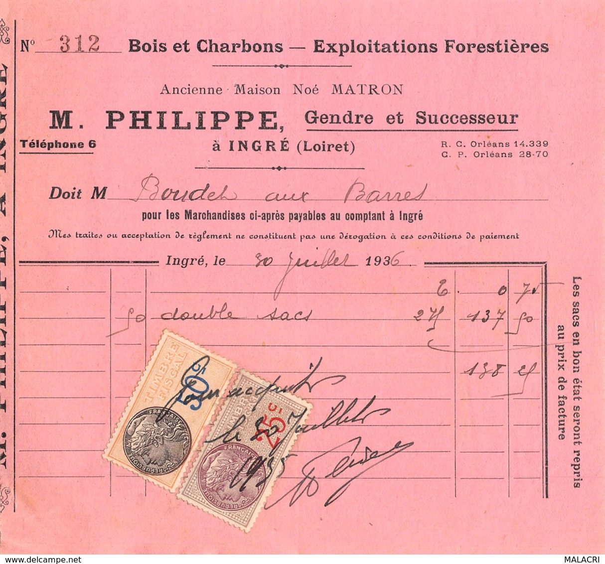 39-0848     1936 BOIS ET CHARBONS EXPLOITATIONS FORESTIERES M PHILIPPE A INGRE - M. BOUDET   FACTURETTE - 1900 – 1949