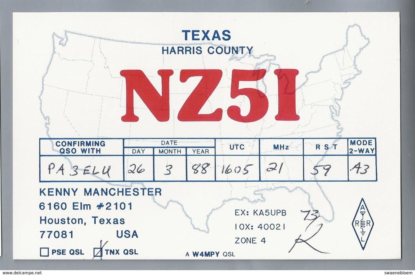 US.- QSL KAART. CARD. NZ5I. KENNY MANCHESTER, ELM, HOUSTON, TEXAS, HARRIS COUNTY. U.S.A.. ARRL. - Radio-amateur