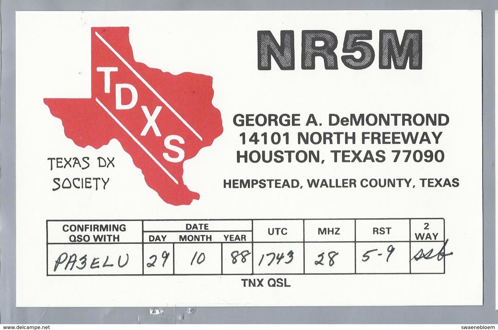 US.- QSL KAART. CARD. NR5M. GEORGE A. DeMOND, HOUSTON, TEXAS, HEMPSTEAD, WALLER COUNTY. U.S.A.. TDXS. - Radio-amateur