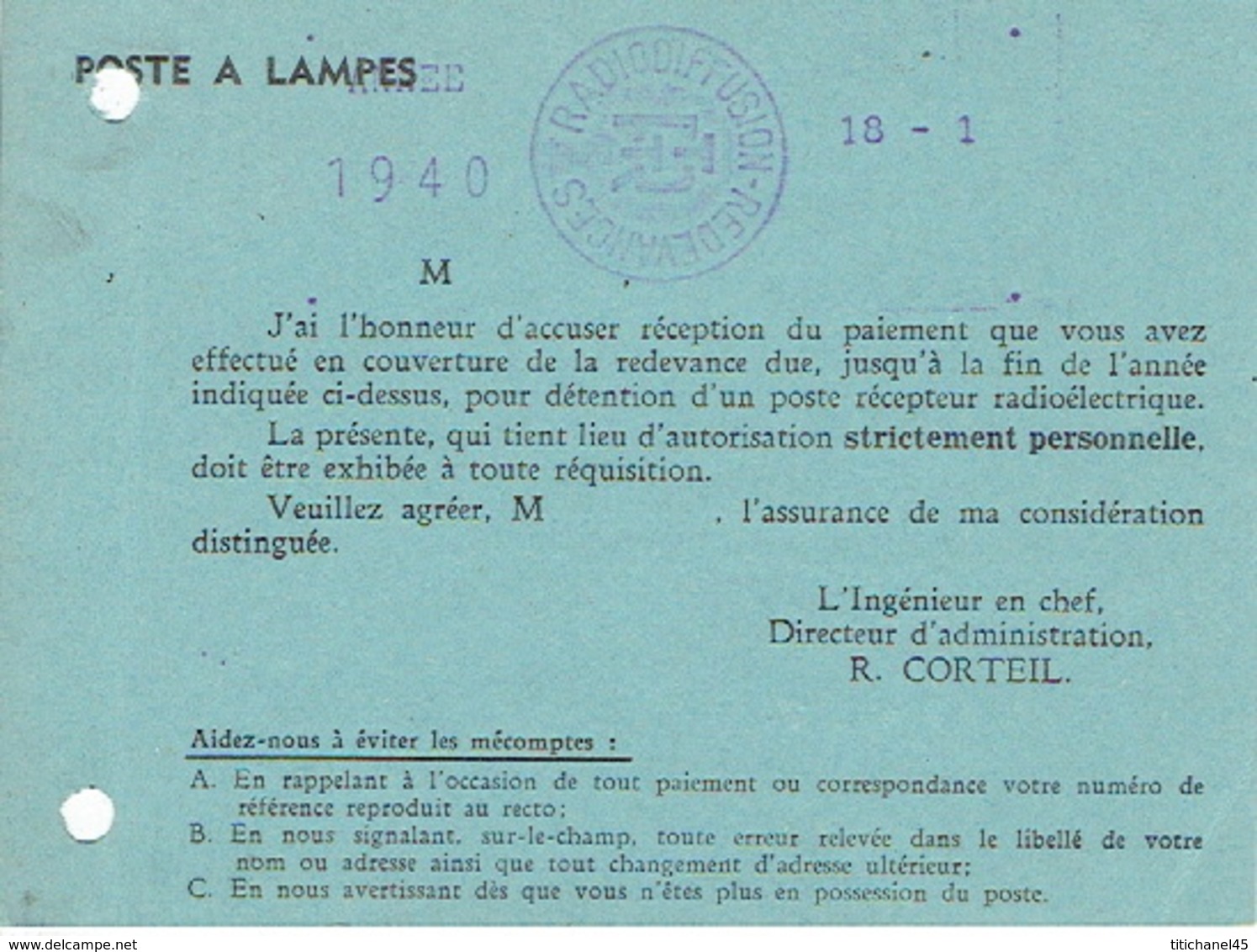 RADIODIFFUSION - REDEVANCES-Redevance ANNEE 1940 Pour La Détention D'un POSTE A LAMPES (poste Récepteur Radioélectrique) - Autres & Non Classés