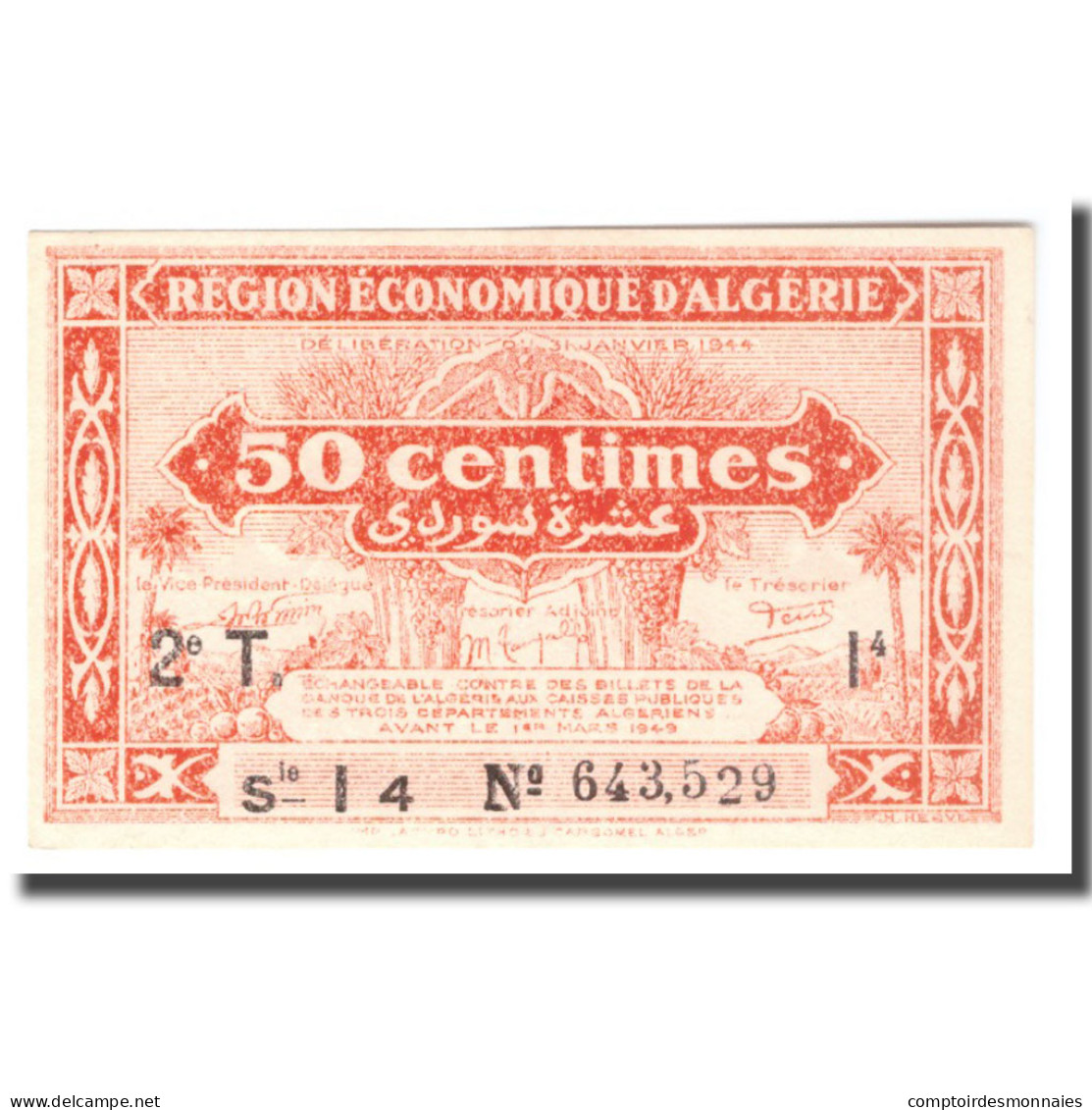 Billet, Algeria, 50 Centimes, 1944, 1944-01-31, KM:100, SPL - Algérie