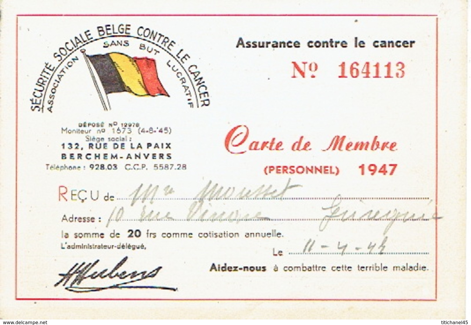 Carte De Membre De 1947 - SECURITE SOCIALE BELGE CONTRE LE CANCER - BERCHEM - ANTWERPEN - Autres & Non Classés