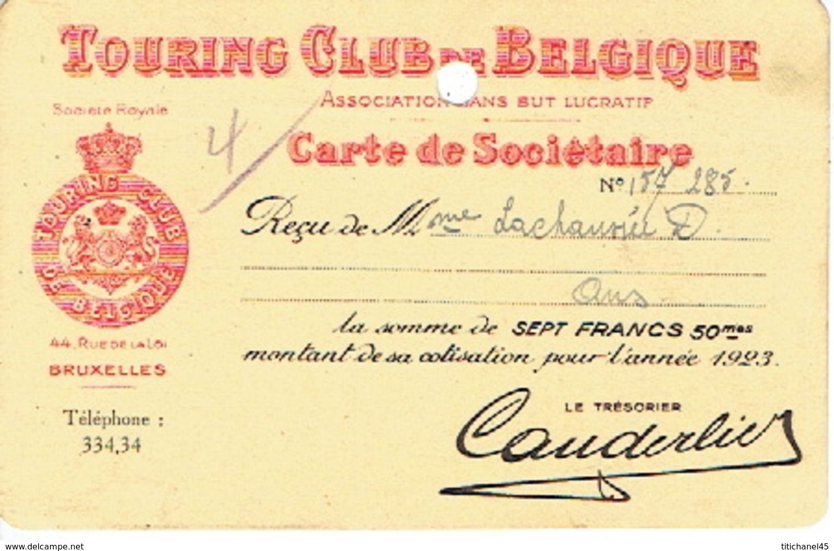 Carte De Sociétaire De 1923 - TOURING CLUB DE BELGIQUE - Voitures De Tourisme