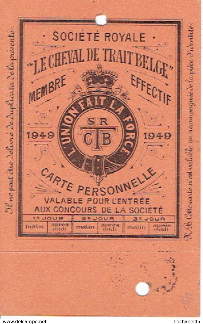 Carte De Membre De 1949 SOCIETE ROYALE "LE CHEVAL DE TRAIT BELGE - BRUXELLES - Elevage