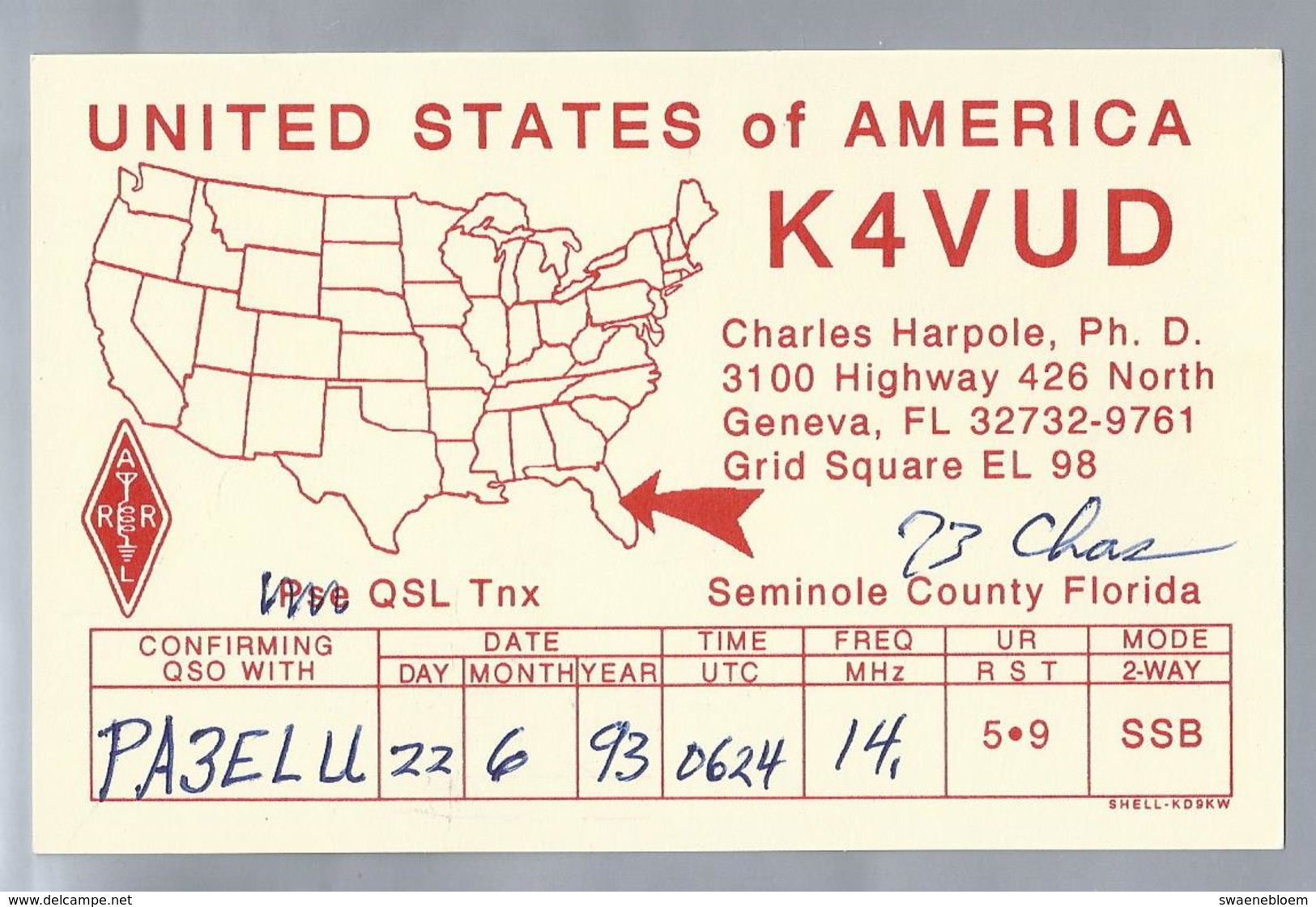 US.- QSL KAART. CARD. K4VUD. CHARLES HARPOLE, Ph. D.. GENEVA, FLORIDA, SEMINOLE COUNTY FLORIDA, U.S.A.. ARRL. - Radio-amateur