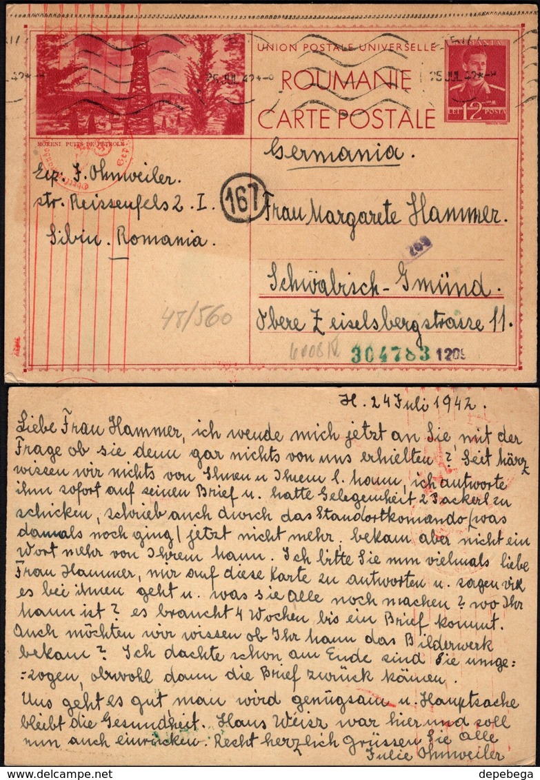 Romania - Censored (OKW) Stationery Postcard, Mi.P124. SIBIU 25.7.1942 To Germany. - Briefe U. Dokumente