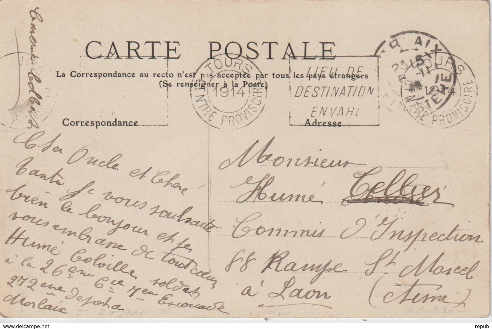 CPA 1914 En Franchise De Morlaix Pour L'Aisne Oblit Tours Lieu Destination Envahi - 1877-1920: Semi Modern Period