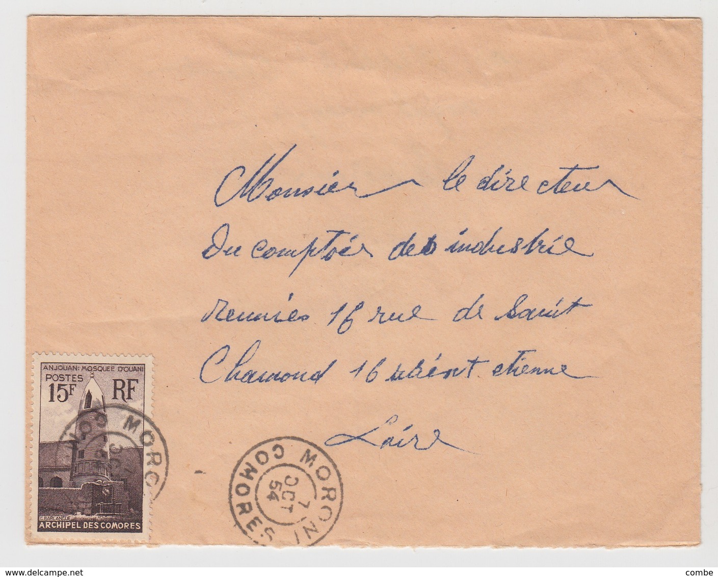 LETTRE COMORE. 1954. N° 10 SEUL SUR LETTRE. MORONI POUR ST CHAMOND LOIRE - Lettres & Documents