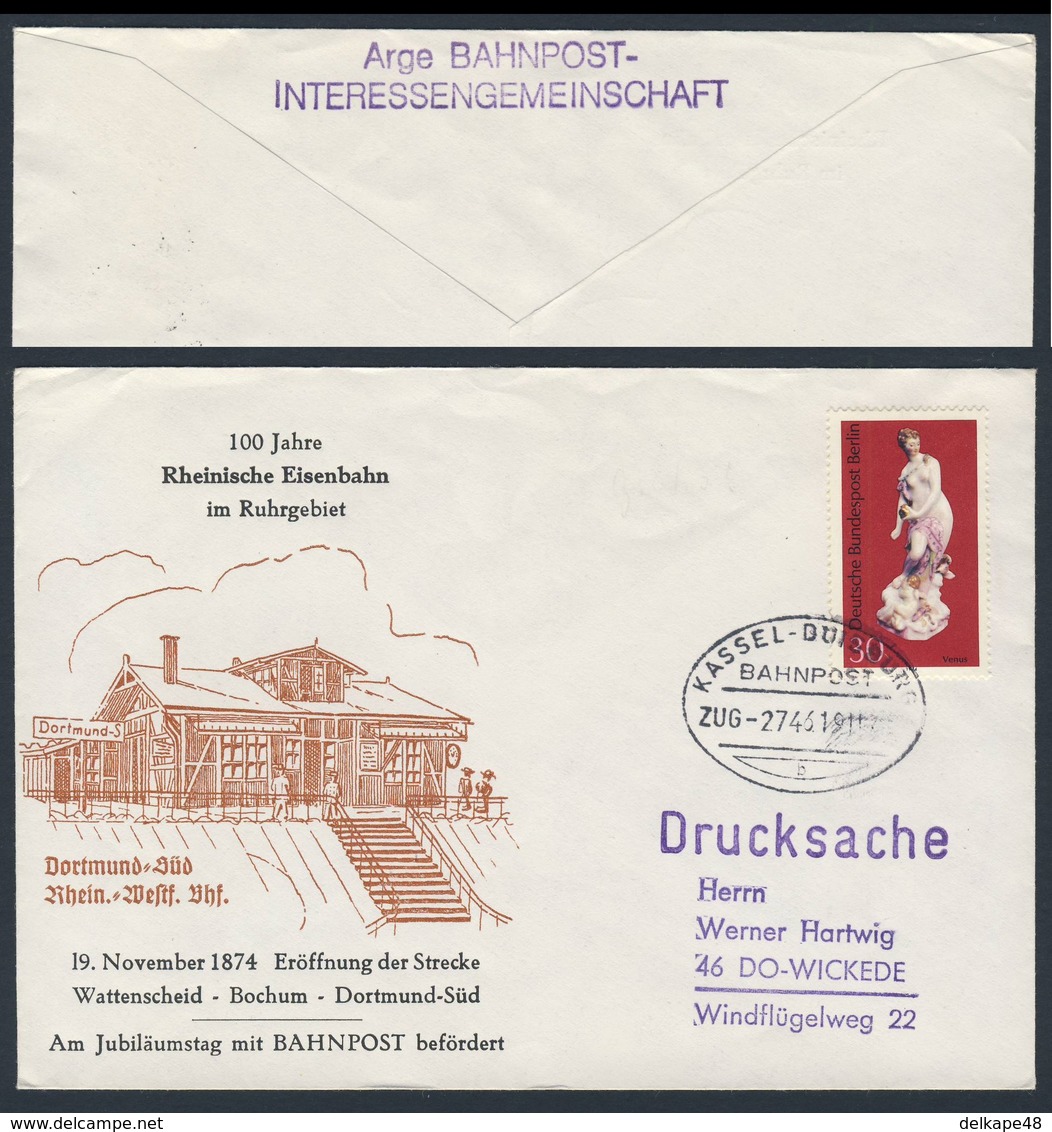 Deutschland Germany 1974 Brief Cover - 100 Jahre Rheinische Eisenbahn Im Ruhrgebiet - Bahnpost Befördert Kassel-Duisburg - Treinen