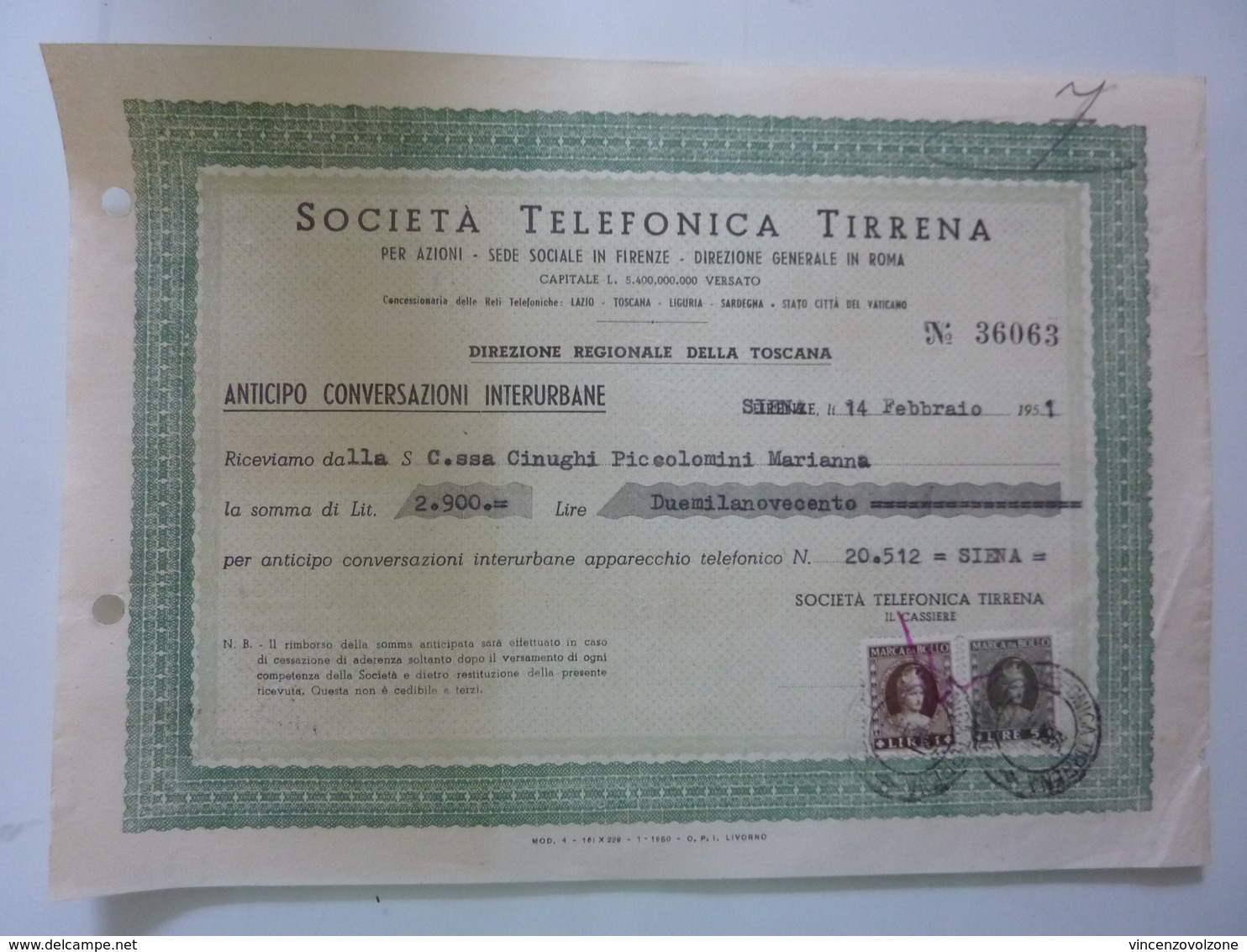 Ricevuta "SOCIETA' TELEFONICA TIRRENA" 1951 - Italia