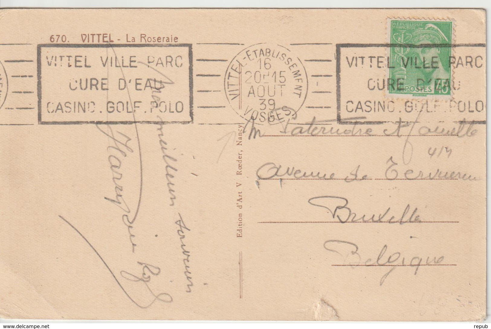 CPA 1939 Vittel Etablissement Oblit RBV Pour La Belgique - 1921-1960: Periodo Moderno