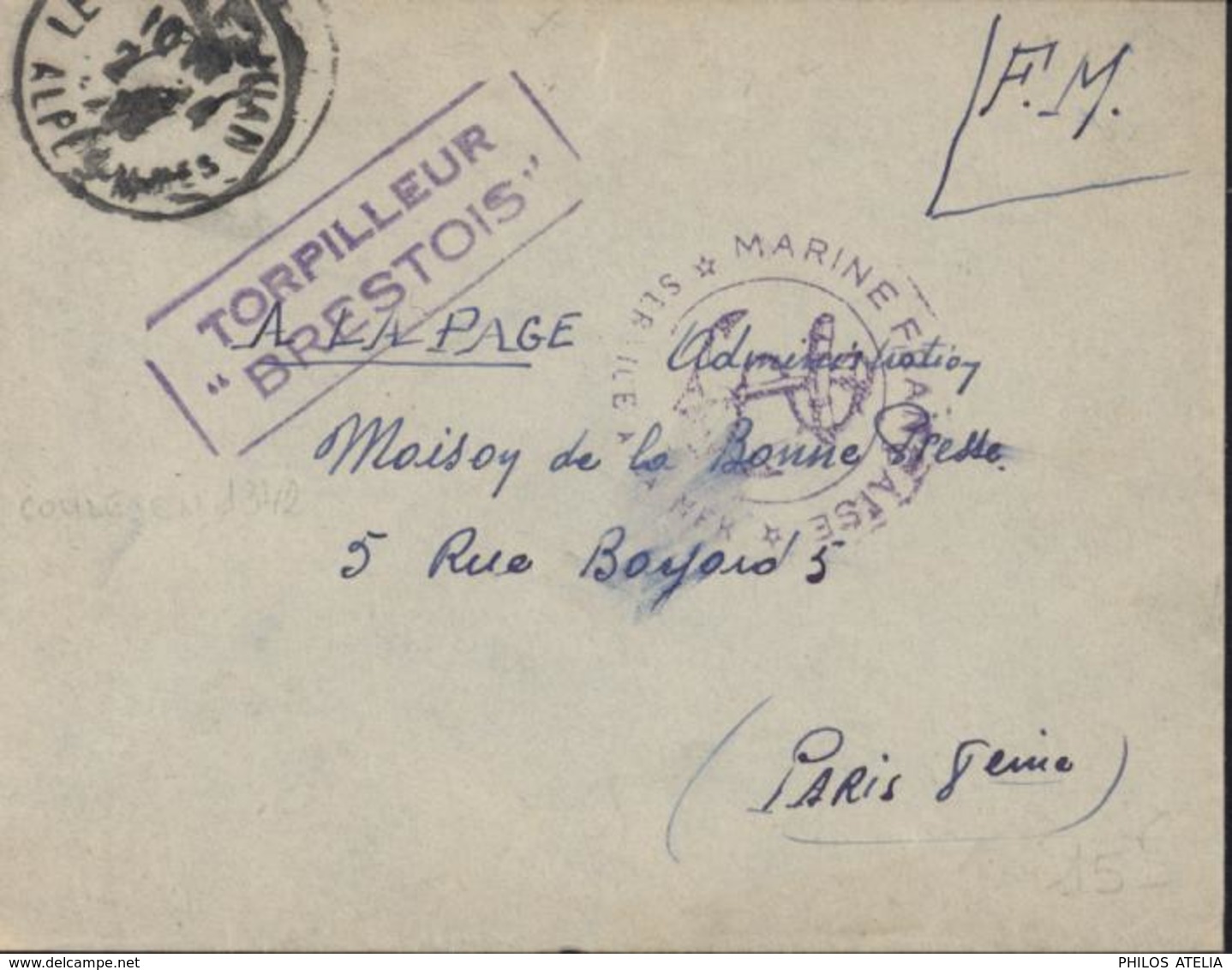 Guerre 39 45 Cachet Ancre Marine Française Service à La Mer FM + Torpilleur Brestois CAD Le Gold Juan 2 4 39 - Guerra Del 1939-45