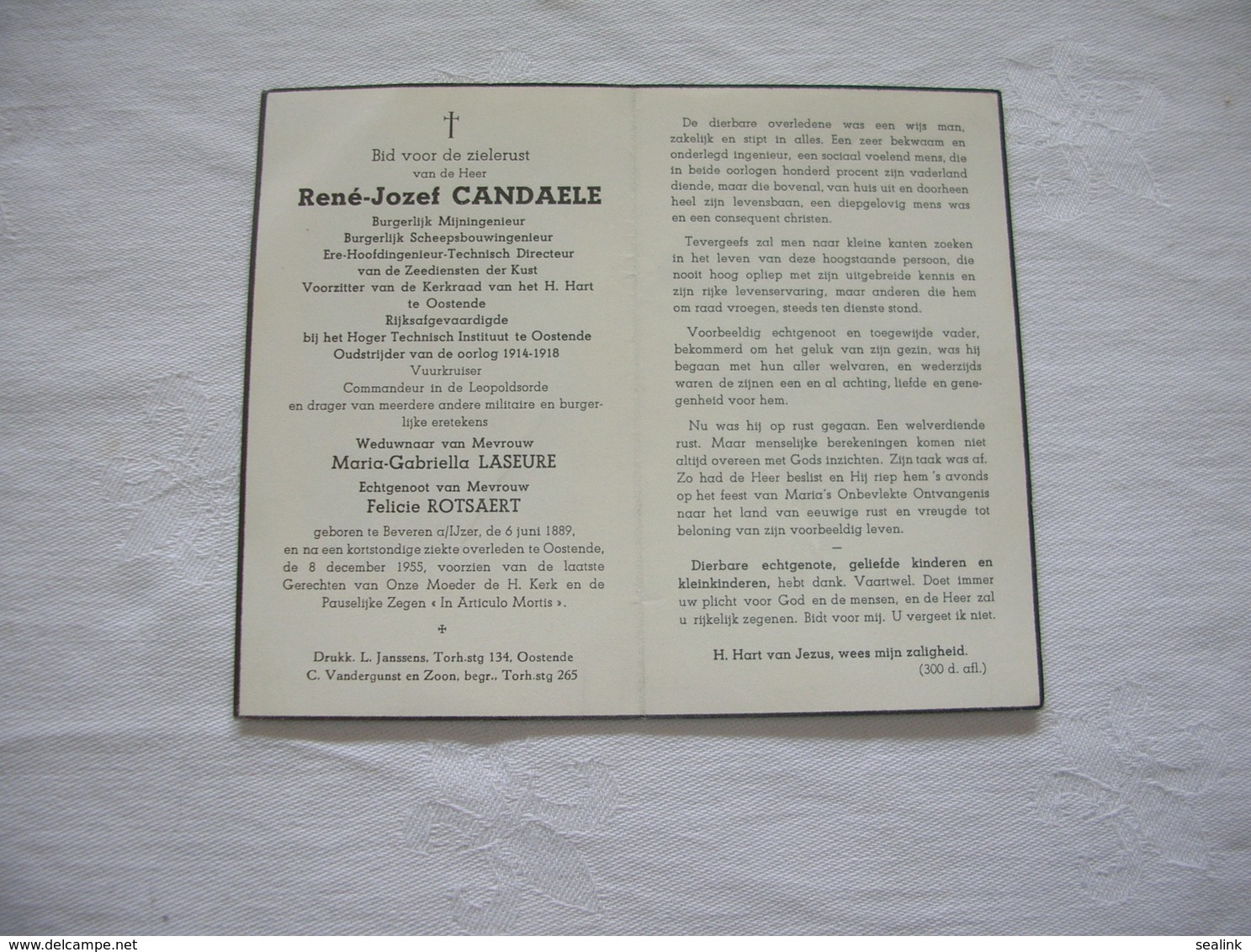 René-Jozef  Candaele (Beveren A/Ijzer 1889- Oostende 1955)  - Ere-Hoofdingenieur Van De Zeediensten Der Kust - Devotieprenten