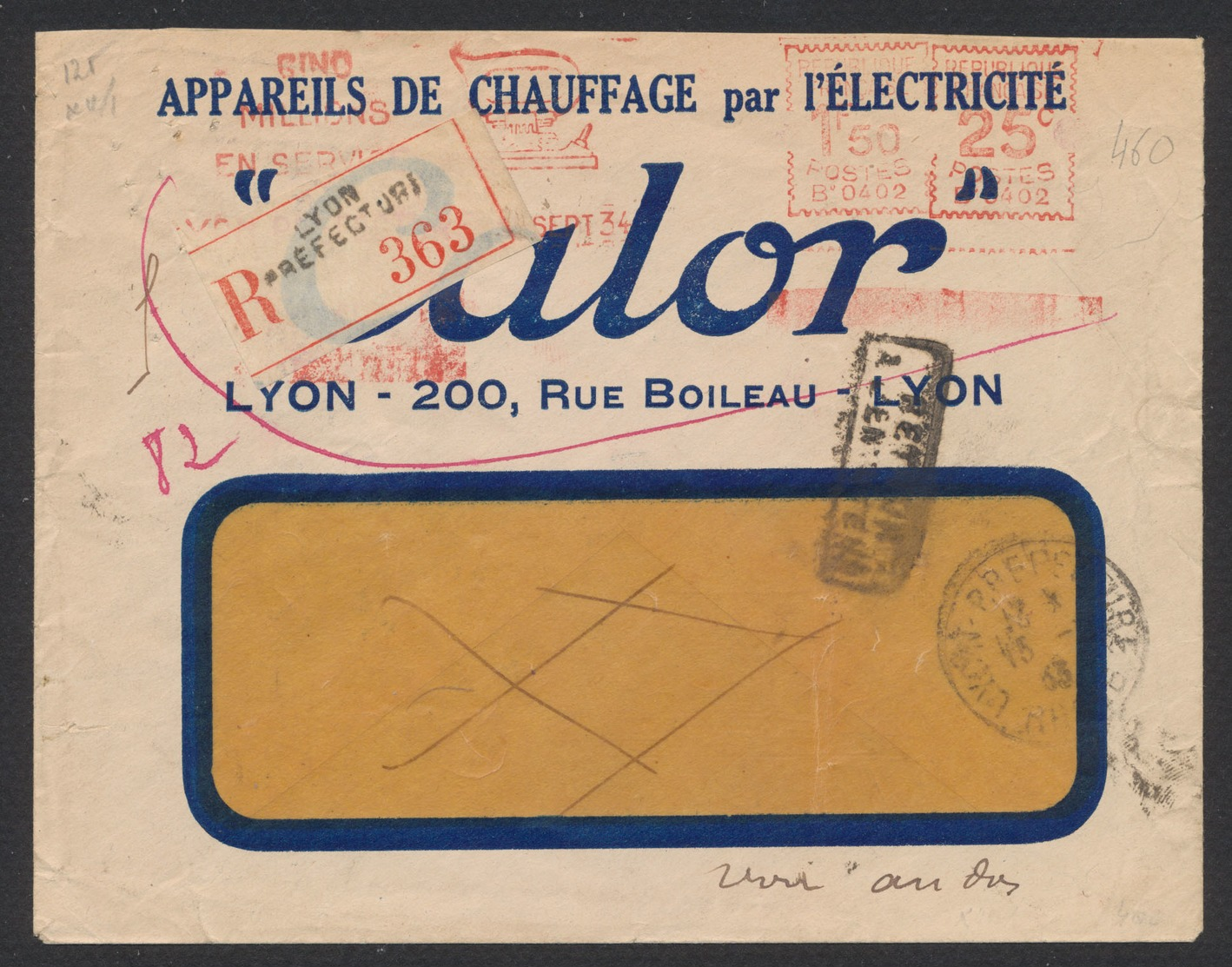 France - Lettre à Fenêtre Thématique : "Appareils De Chauffage , Fer électrique CALOR"  / Affranch. Mécanique + - Zonder Classificatie