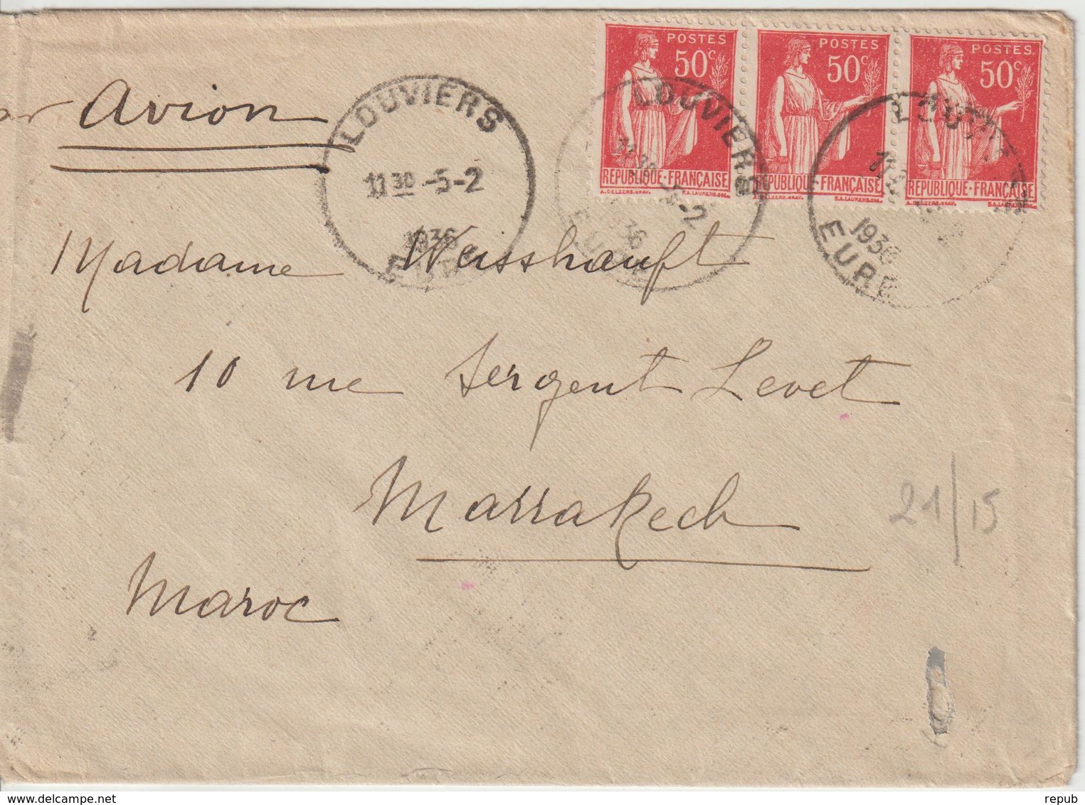 Lettre 1936 De Louviers Oblit. Rotoplan Pour Le Maroc - 1921-1960: Periodo Moderno