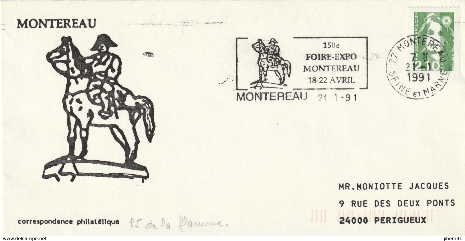 Lettre De "Montereau" (Seine-et-Marne, 77) Du 21-01-1991, "150e Foire-expo" Cheval, Napoléon En FD (Marianne Roulette) - Oblitérations Mécaniques (flammes)