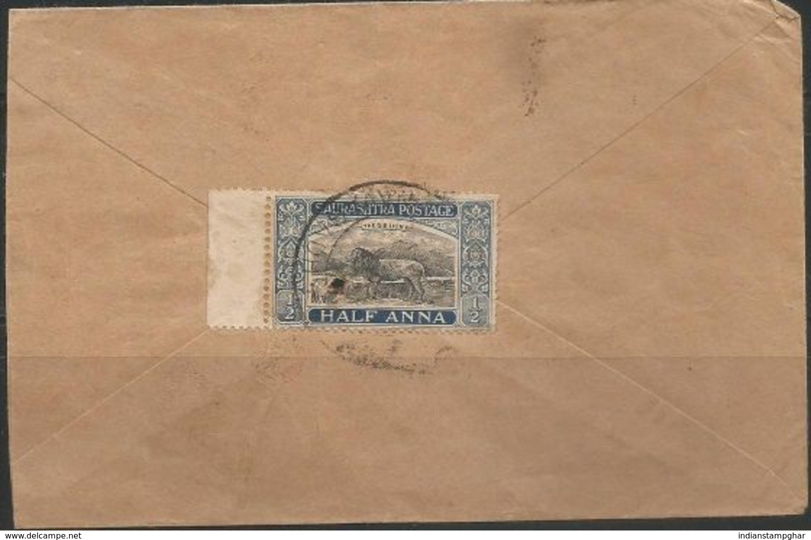 Wild Animal, Princely State 1/2 Anna Saurashtra, Asiatic Lion Of Gir Logo,  Commercial Cover, India - Soruth