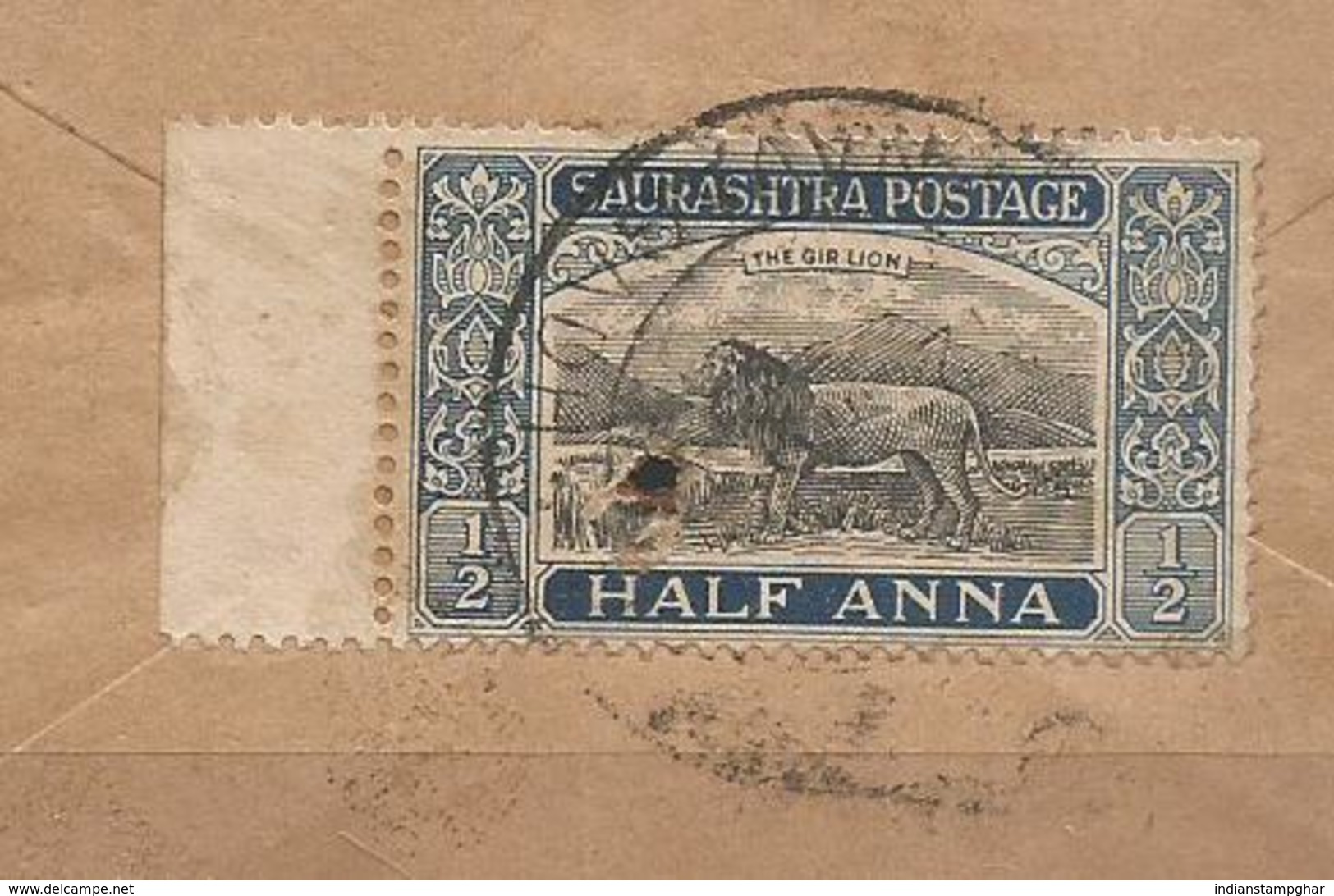 Wild Animal, Princely State 1/2 Anna Saurashtra, Asiatic Lion Of Gir Logo,  Commercial Cover, India - Soruth