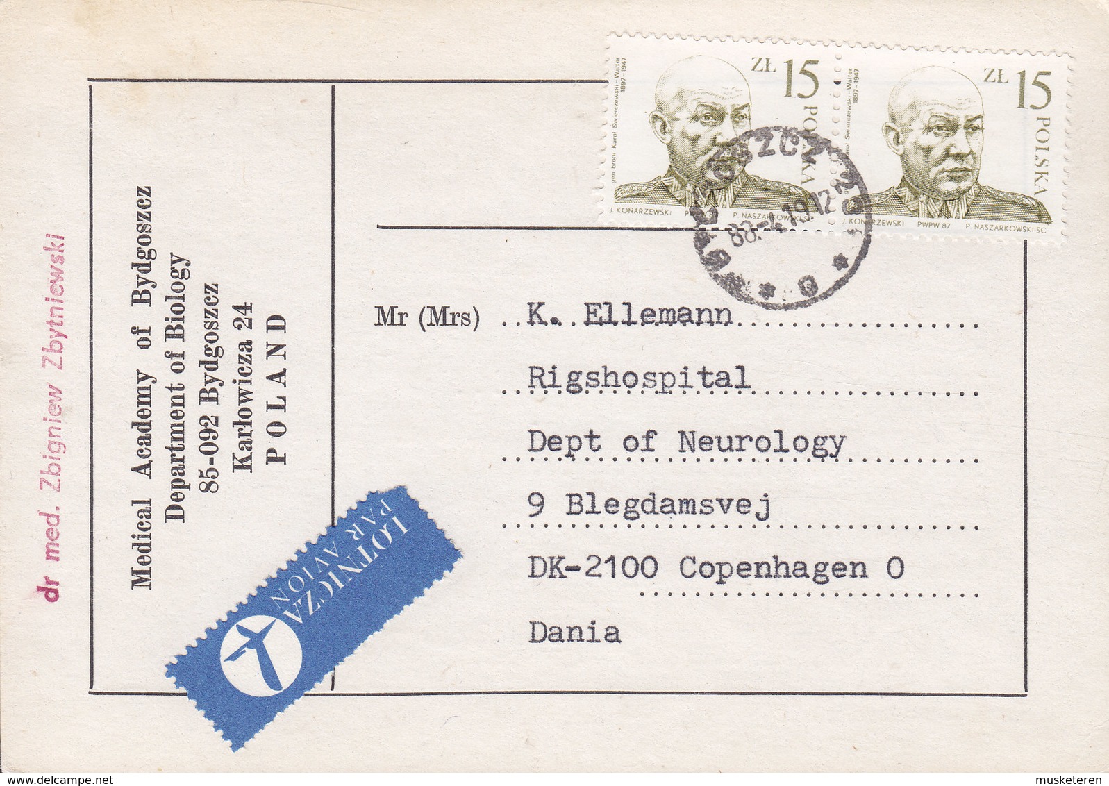 Poland LOTNICZA Par Avion Label MEDICAL ACADEMY Department Of Biology BYDGOSZCZ 1988 COPENHAGEN Denmark - Briefe U. Dokumente