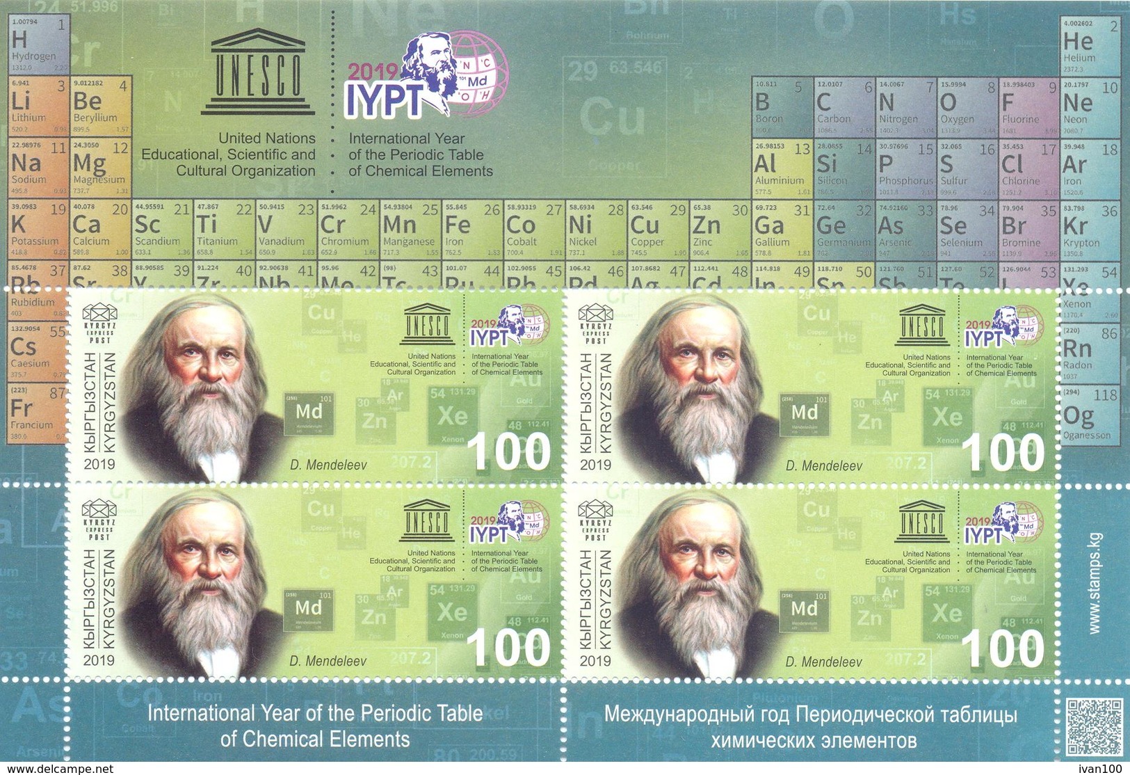 2019. Kyrgyzstan,UNESCO,  International Year Of The Periodic Table Of  D. Mendeleev, Sheetlet,  Mint/** - Kirghizistan
