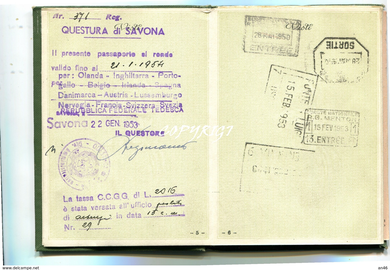 TESSERA_TESSERE_DOCUMENTO/I-"REPUBBLICA ITALIANA -PASSAPORTO PER L'ESTERO RILASCIATO IL 1950 DALLA QUESTURA DI SAVONA-'" - Collections