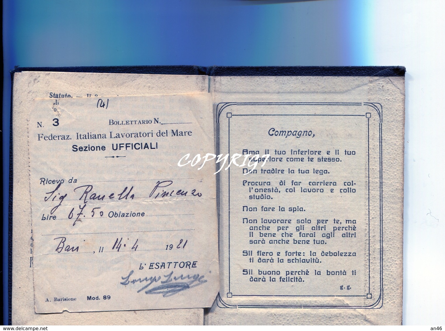 TESSERA_TESSERE_DOCUMENTO/I-"1919-FEDERAZIONE NAZIONALE LAVORATORI DEL MARE-SEDE CENTRALE GENOVA'" - Sammlungen