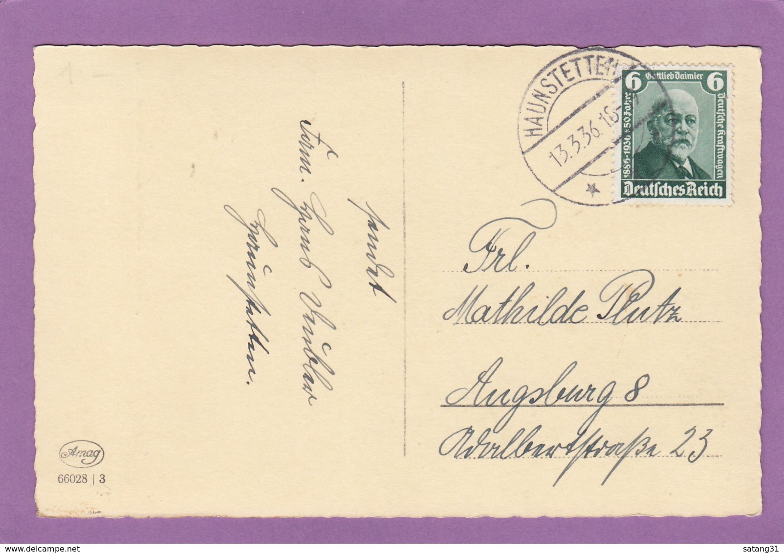 STEMPEL "HAUNSTETTEN" AUF POSTKARTE MIT "GOTTLIEB DAIMLER" MARKE. - Briefe U. Dokumente