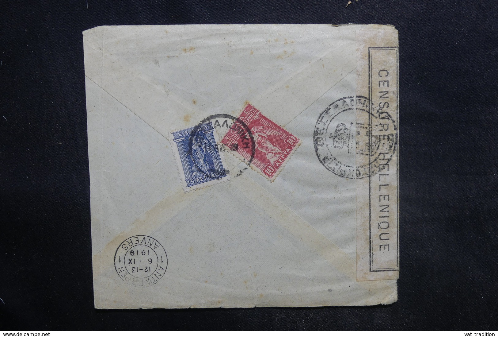 GRECE - Enveloppe De Salonique Pour La Belgique En 1919 Avec Contrôle Postal , Affranchissement Au Verso - L 36443 - Storia Postale