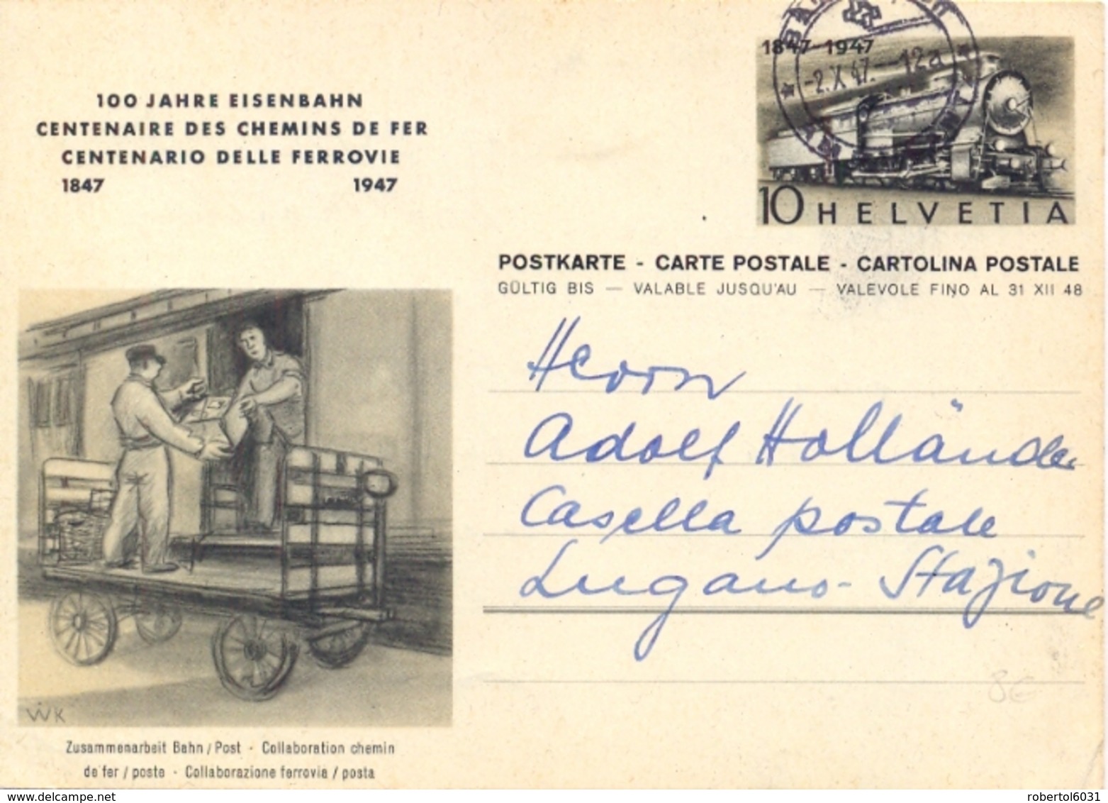 Switzerland 1947 Postal Stationery Postcard Centenary Of The Swiss Railways 10 C. To Italy - Treni