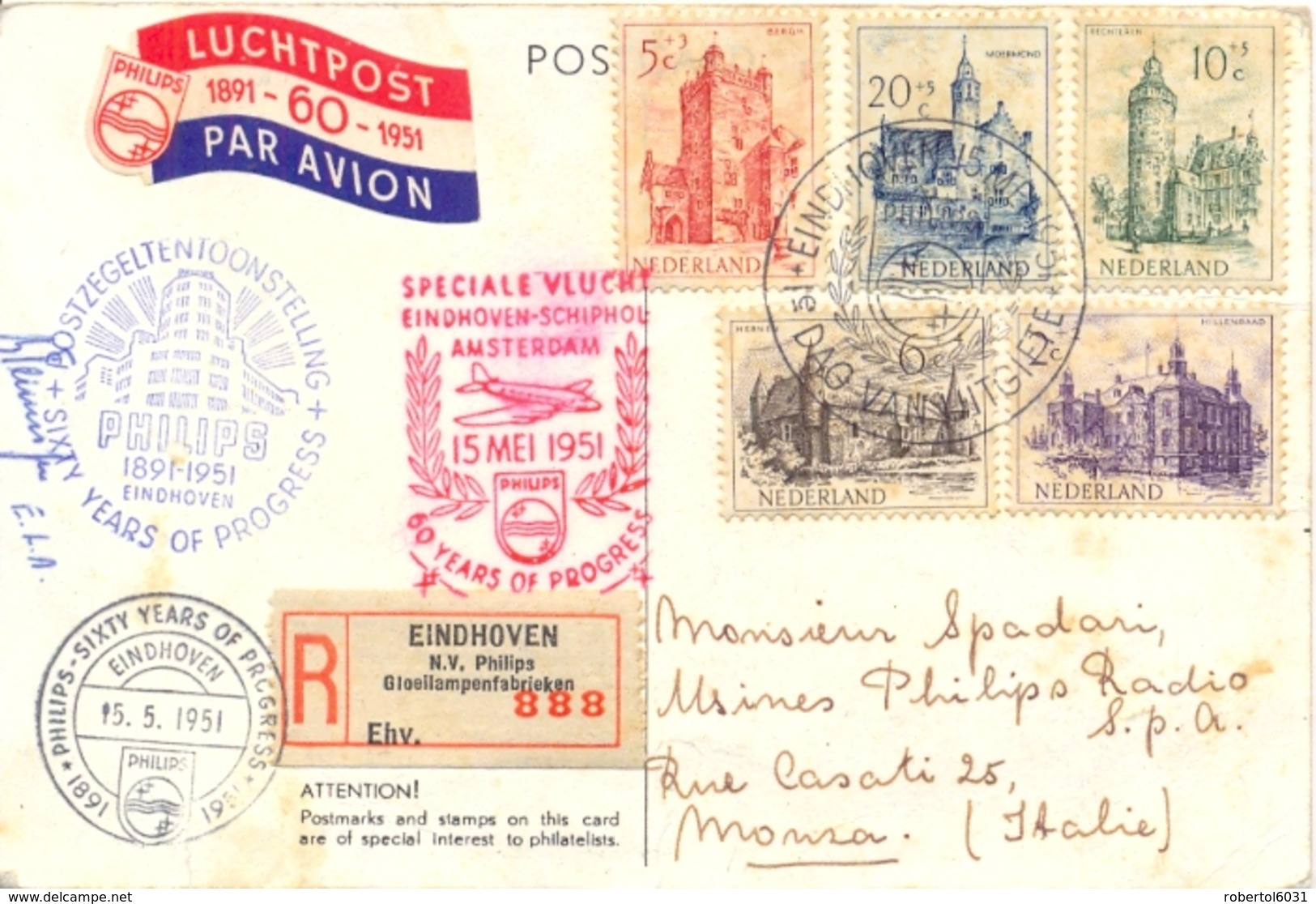 Netherlands 1951 60 Years Of Philips Picture Postcard Flown Eindhoven-Schiphol-Amsterdam By Special Flight - Luftpost