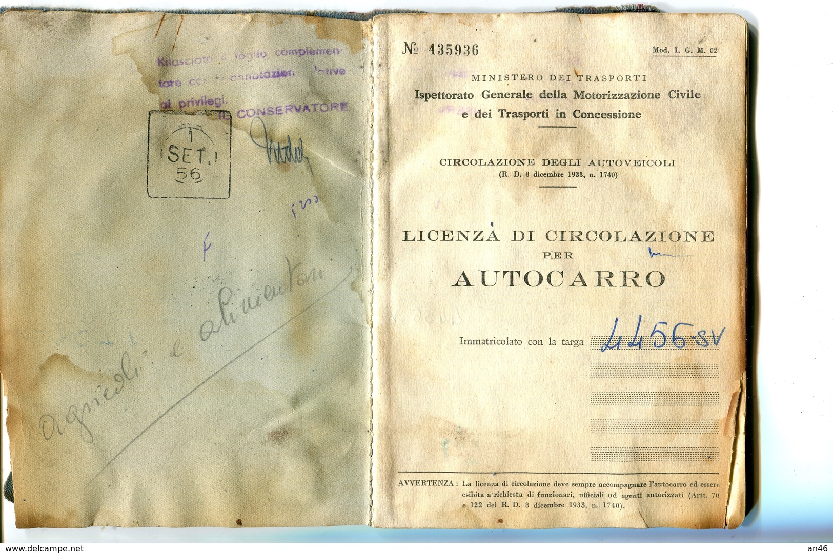 TESSERA_TESSERE_DOCUMENTO/I-"LICENZA PER CIRCOLAZIONE DI AUTOCARRO-MINISTERO TRASPORTI-SETT.1956- - Collezioni