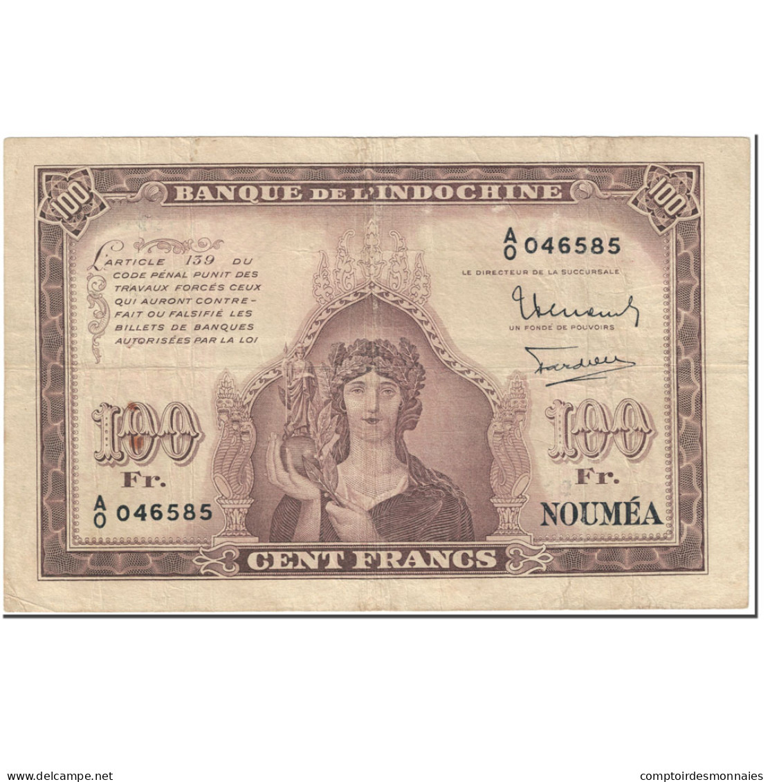 Billet, Nouvelle-Calédonie, 100 Francs, 1942, Undated (1942), KM:44, TB - Nouméa (New Caledonia 1873-1985)