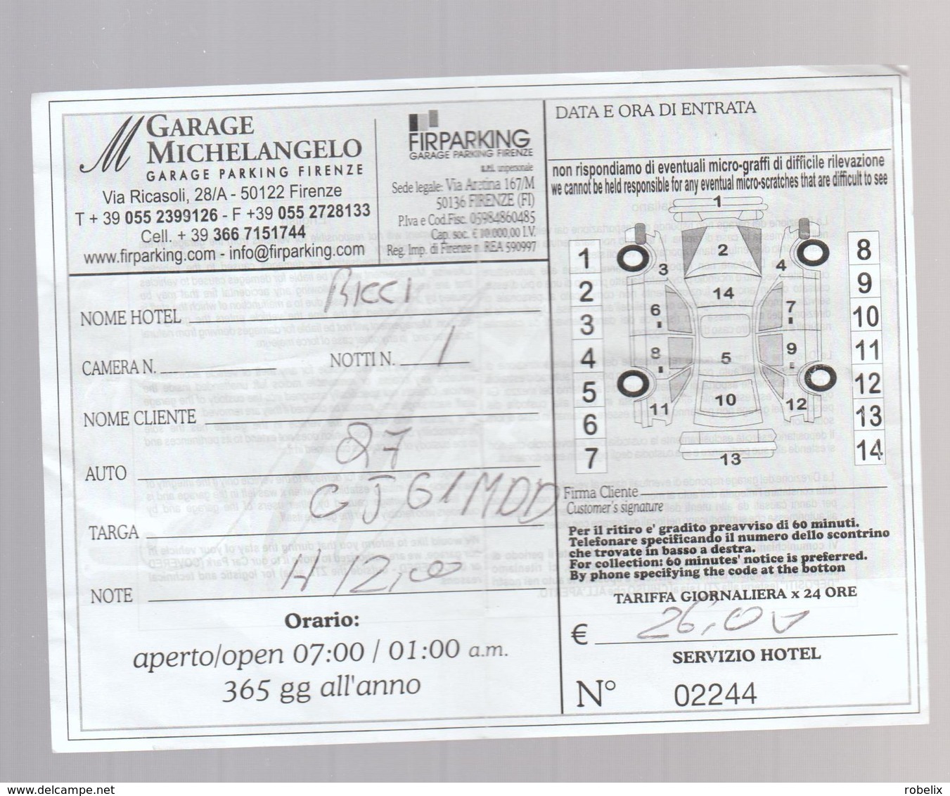ITALIA -FIRENZE - 2015 - PARKING TICKET  - Garage Michelangelo  2 Scans - Tickets - Vouchers