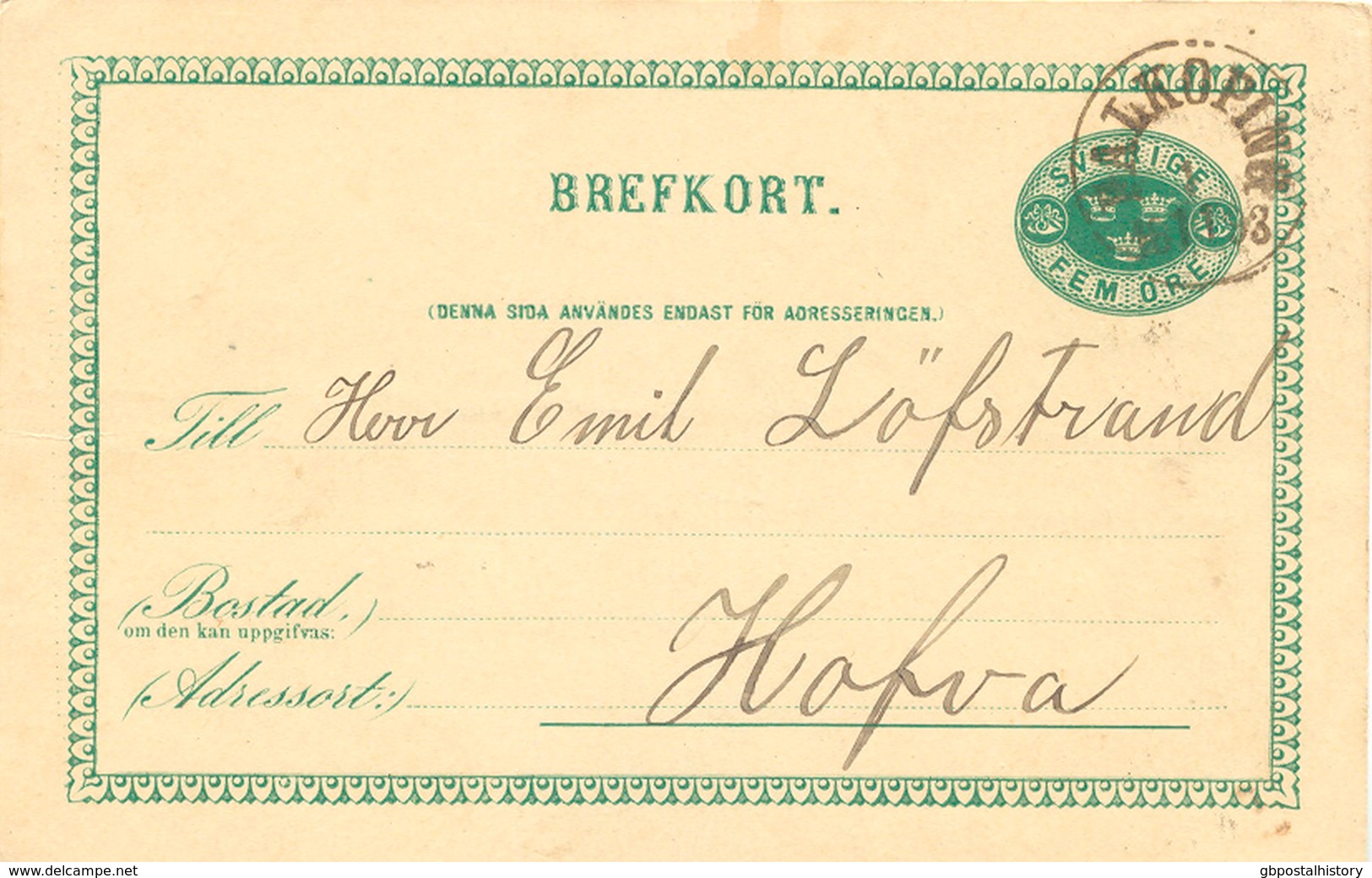 SCHWEDEN 1893, "FALKÖPING" (FAHLKÖPING) K1 Klar A. 5 (FEM) Öre Grün GA-Postkarte, Kab., ABART: Zierrahmen Oben Links - Varietà & Curiosità
