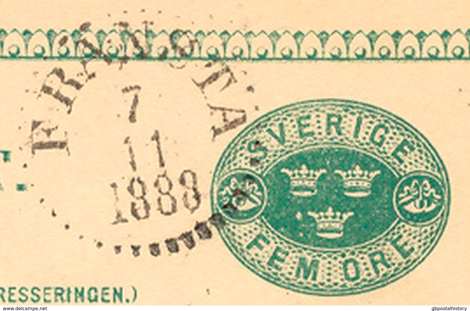 SCHWEDEN 1888, "FRÄNSTA" Selt. K1 Glasklar A. 5 (FEM) Öre Grün GA-Postkarte, GA-ABARTE: Grüner Punkt Im Linken Unteren - Plaatfouten En Curiosa