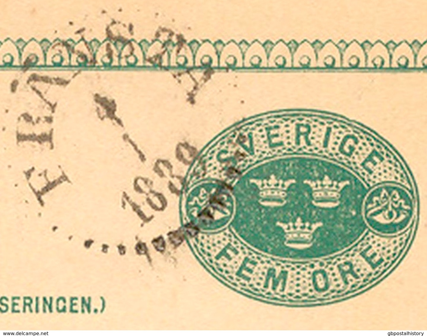 SCHWEDEN 1889, "FRÄNSTA" Selt. K1 Glasklar A. 5 (FEM) Öre Grün GA-Postkarte, GA-ABARTE: Grüner Punkt Linken Unteren Rand - Abarten Und Kuriositäten